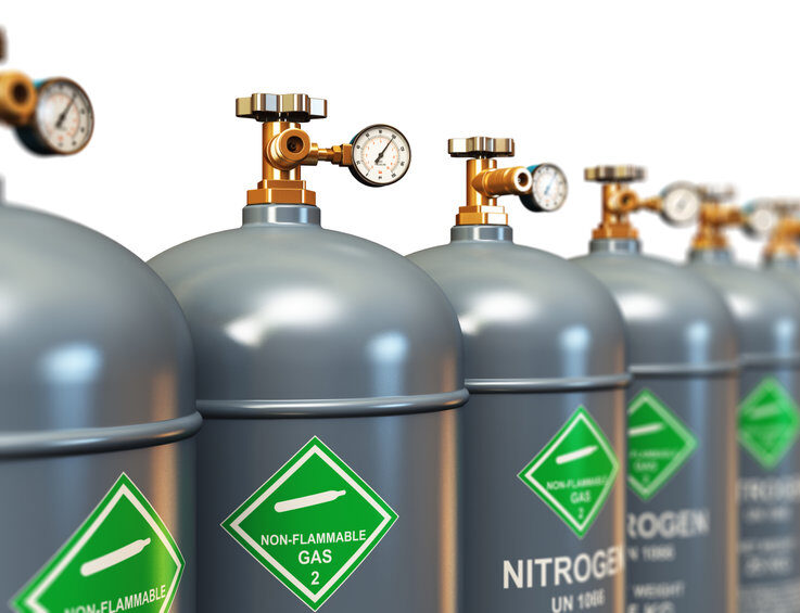 Row of liquefied nitrogen gas cylinders